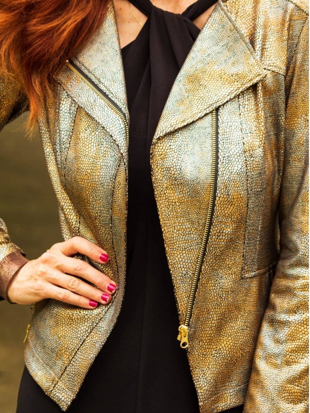 Clara Sun Woo Metallic Gold Textured Moto Jacket
